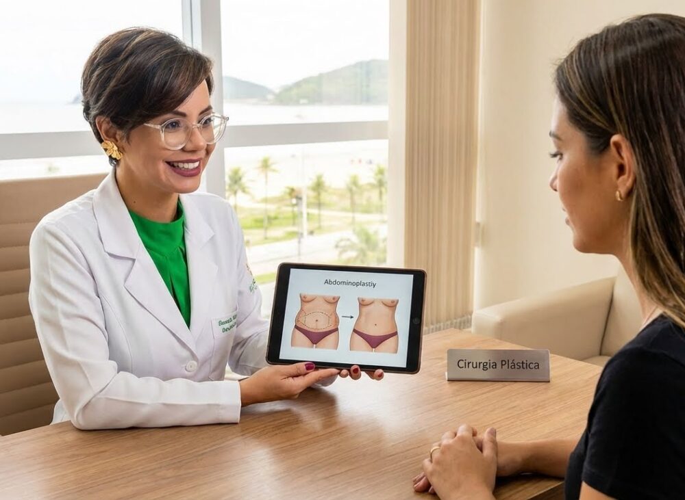 Cirurgiã plástica em Santos explicando abdominoplastia para paciente