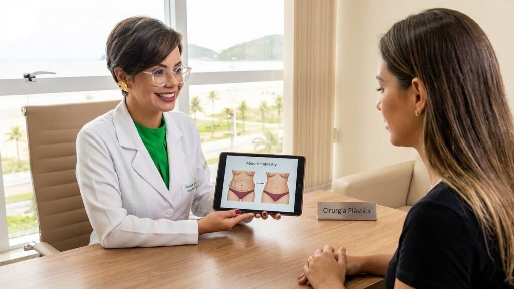 Cirurgiã plástica em Santos explicando abdominoplastia para paciente