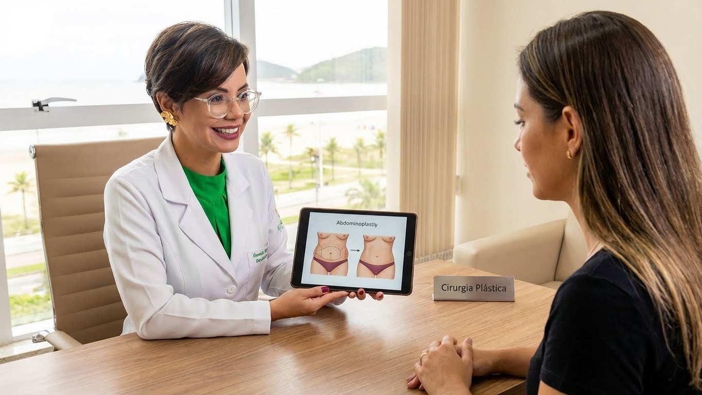 Cirurgiã plástica em Santos explicando abdominoplastia para paciente