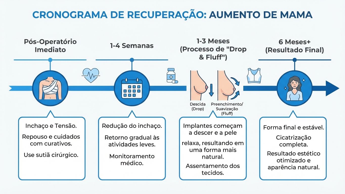 Linha do tempo da recuperação e acomodação da prótese mamária de 0 a 6 meses