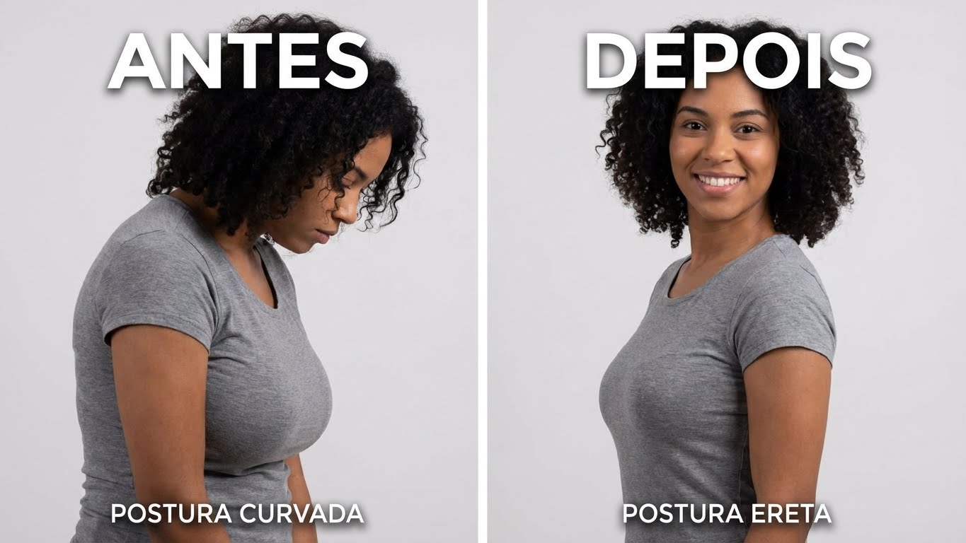 Antes e depois representando a postura dos seios grandes e do alívio da dor nas costas após a redução de mama