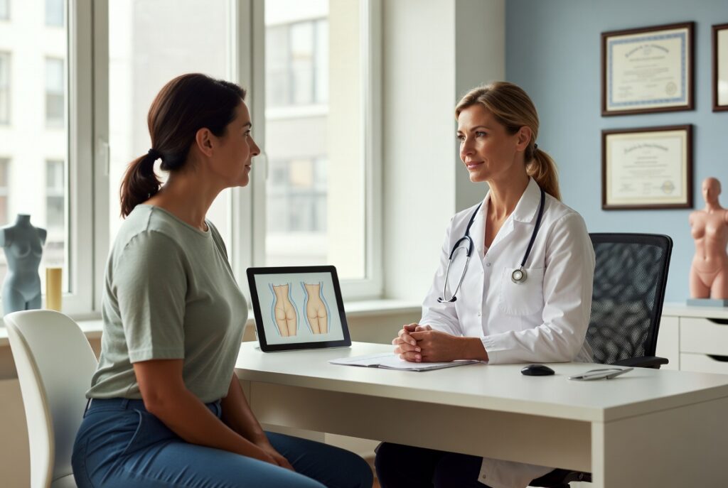 Paciente em consulta com cirurgiã plástica discutindo procedimentos pós-Ozempic e Mounjaro