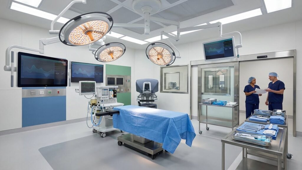 Imagem de uma sala cirúrgica moderna e de última geração que transmite segurança, tecnologia e excelência