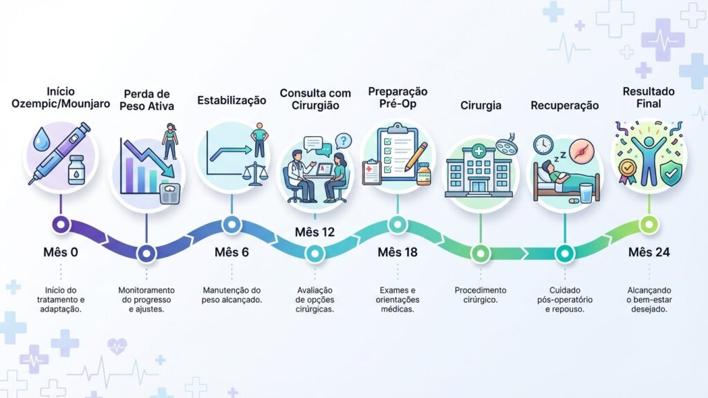Infográfico sobre linha do tempo da cirurgia pós-Ozempic e Mounjaro