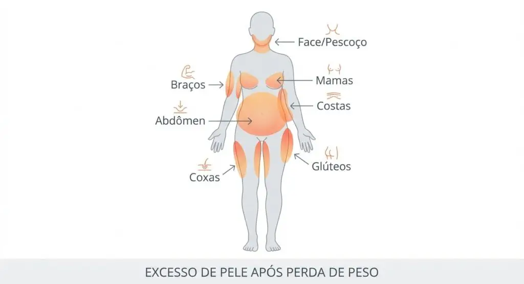 Diagrama mostrando áreas comuns de excesso de pele após perda de peso