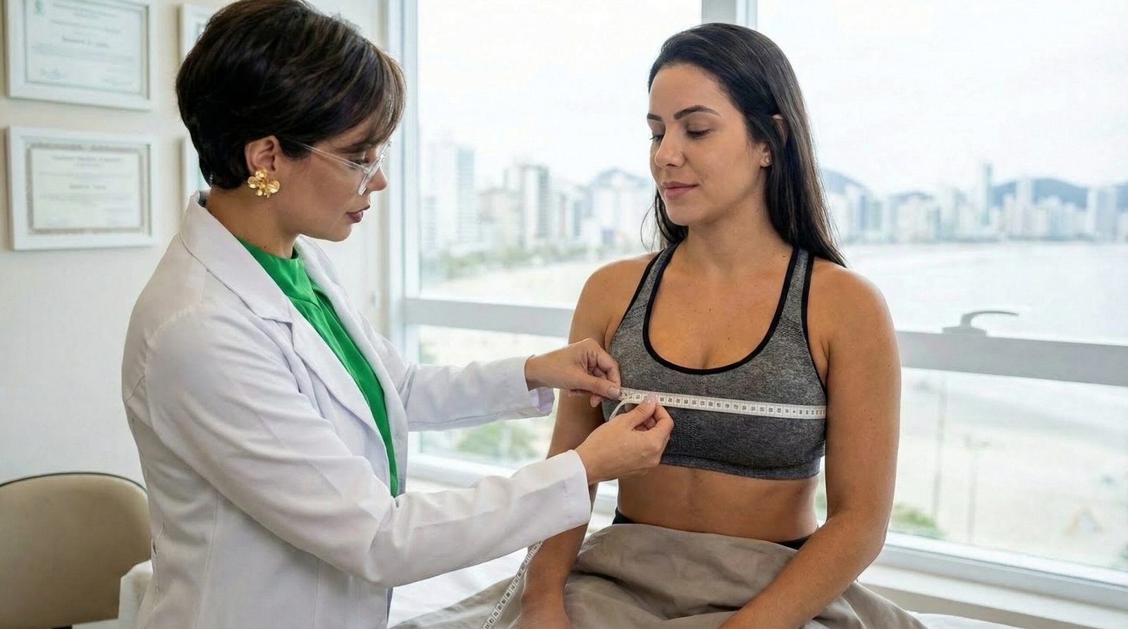 Doutora Flávia Pacheco medindo paciente para prótese de silicone em Santos