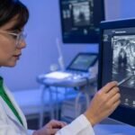 Médica analisando radiografia para necessidade de trocar prótese de silicone